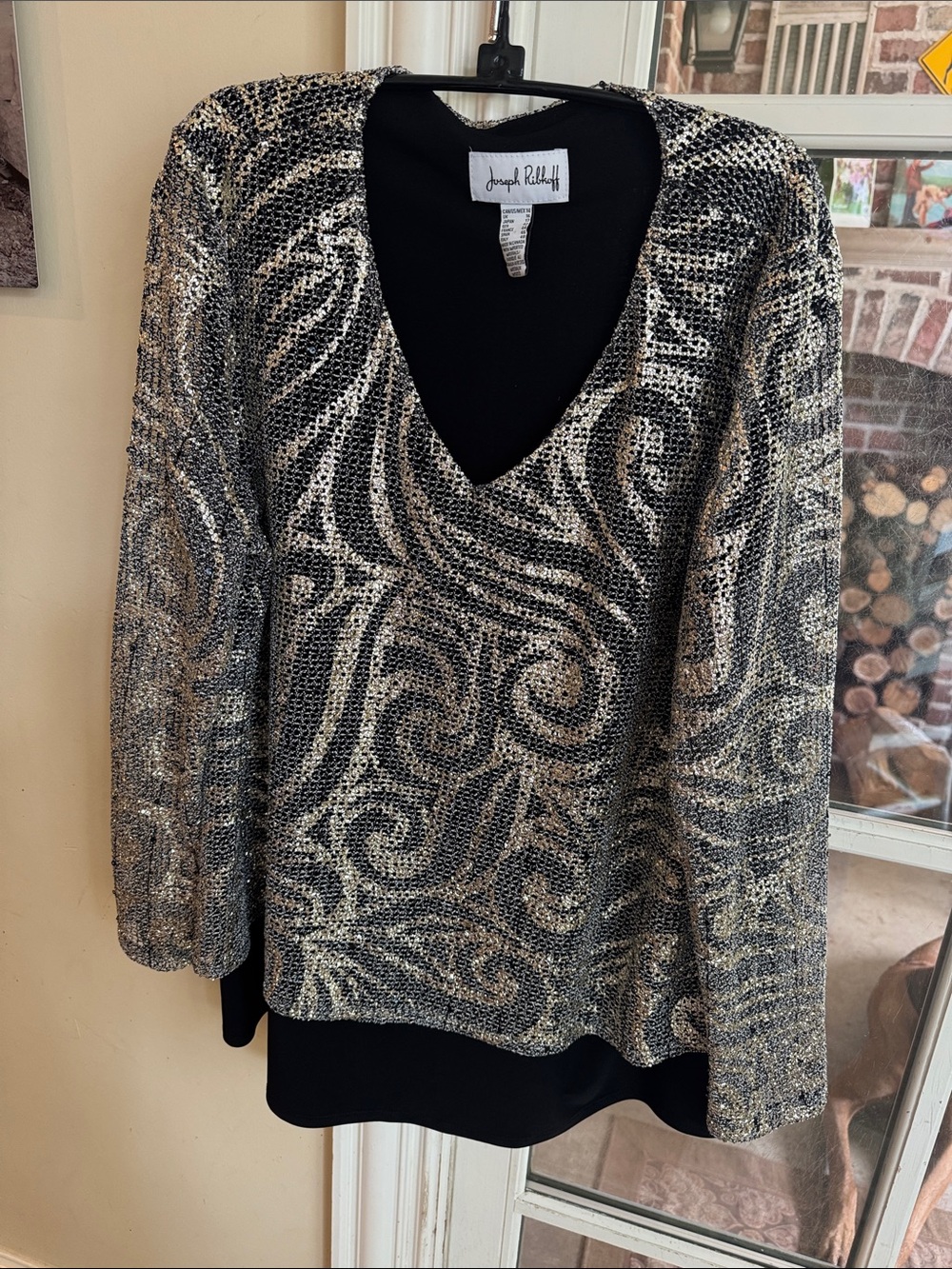Joseph Ribkoff Black and Silver Swirl V-Neck Sweater-14
